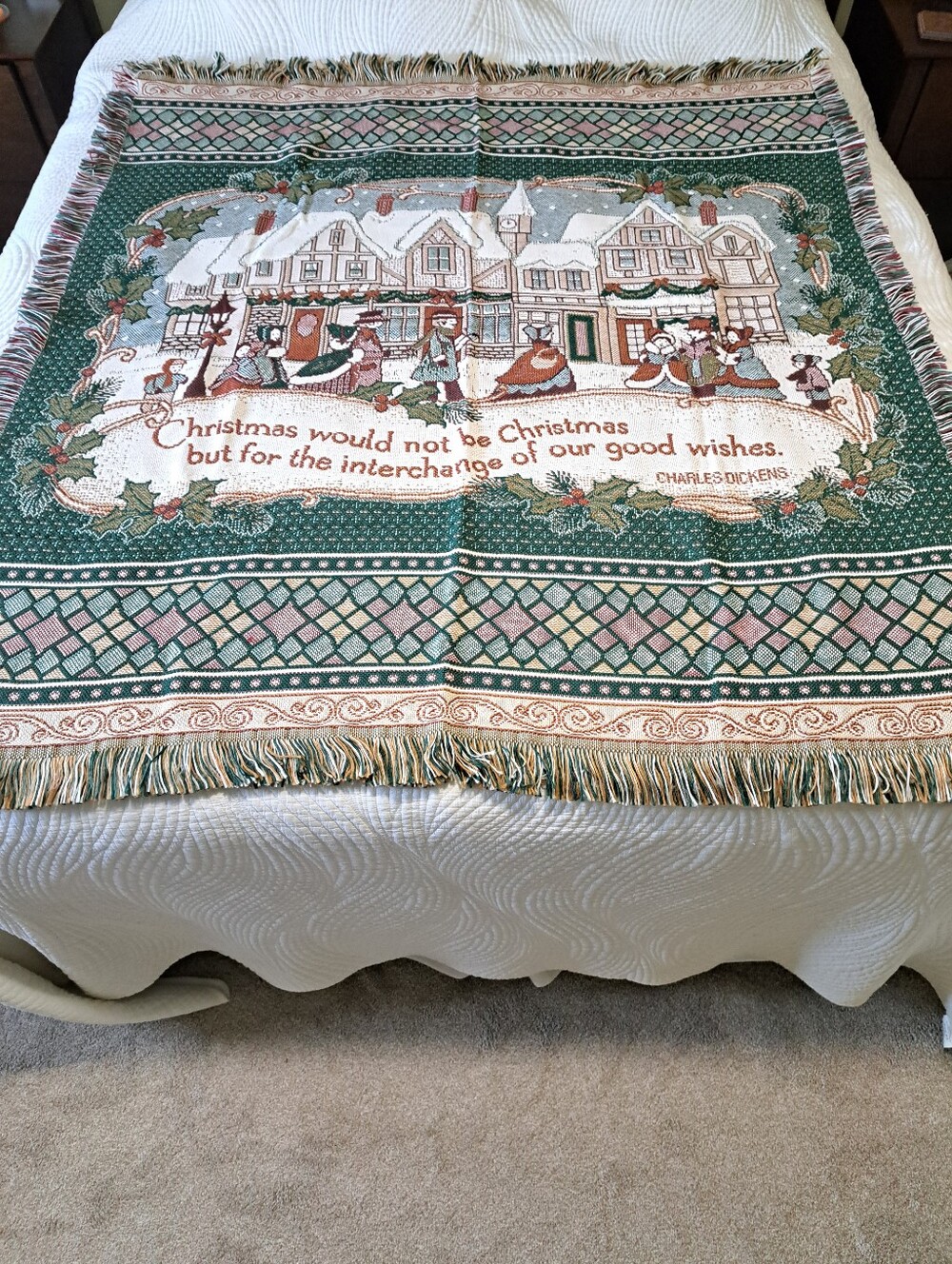Vintage Charles Dickens Woven Christmas Tapestry Throw Blanket Fringe Cottage